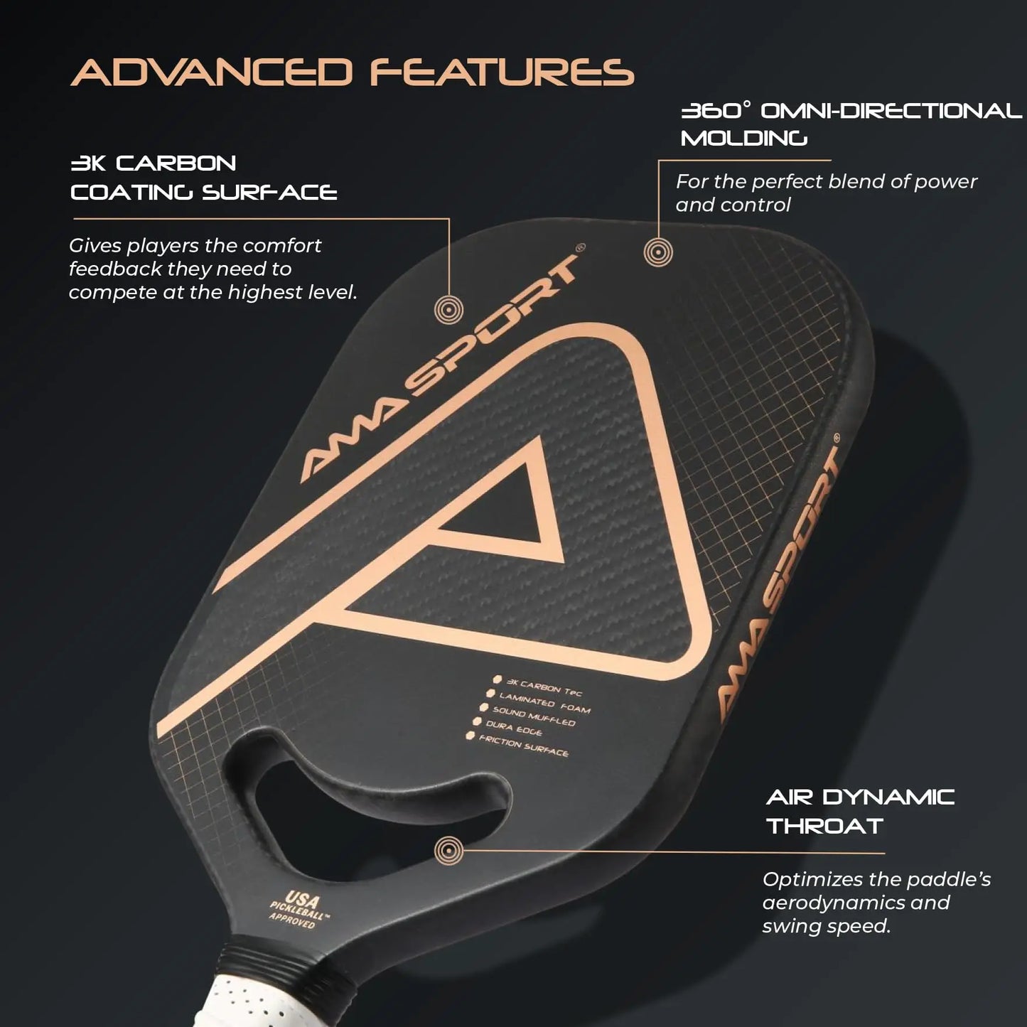 AMASPORT Pickleball Paddle with Maximum Spin USAPA Approved 3K Carbon