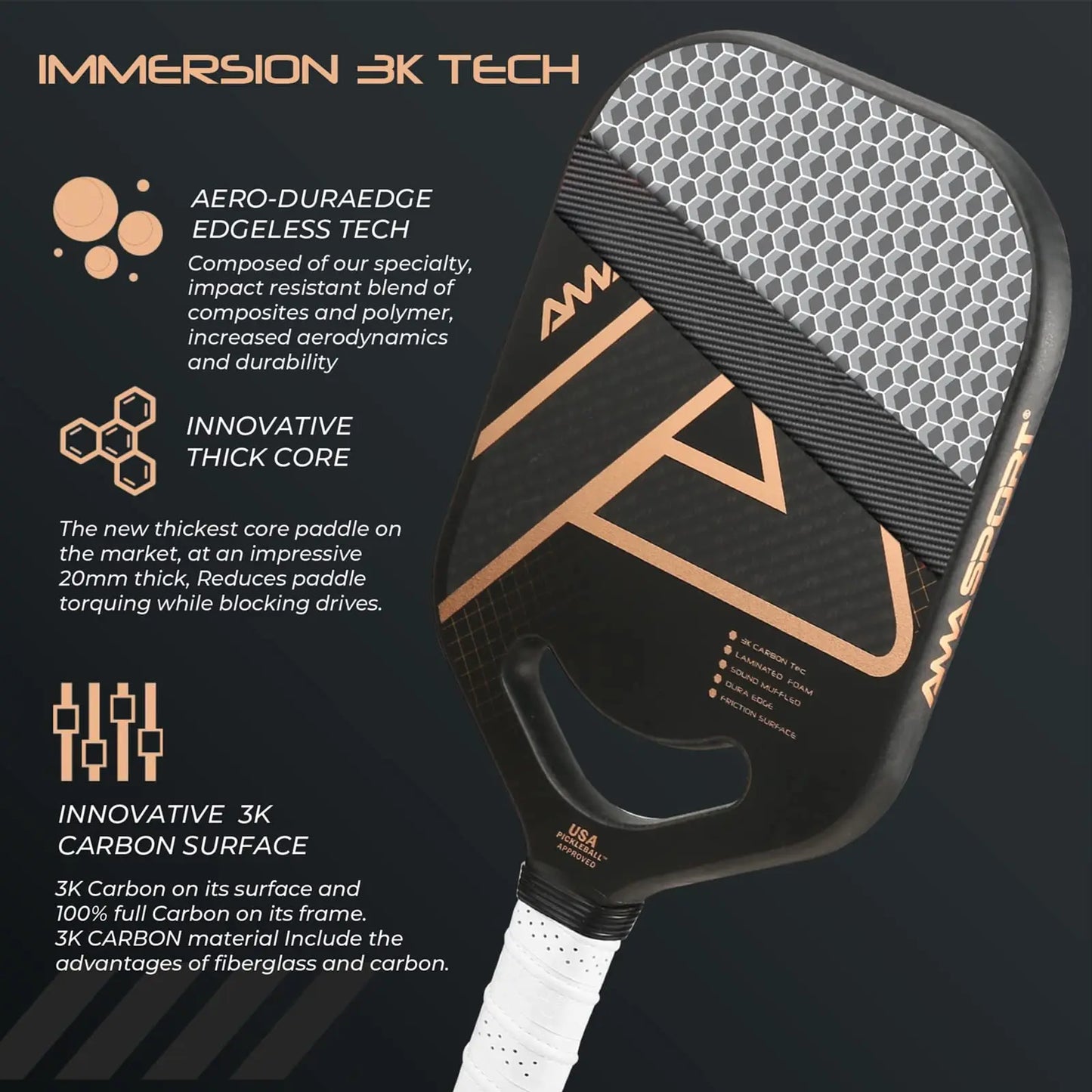 AMASPORT Pickleball Paddle with Maximum Spin USAPA Approved 3K Carbon